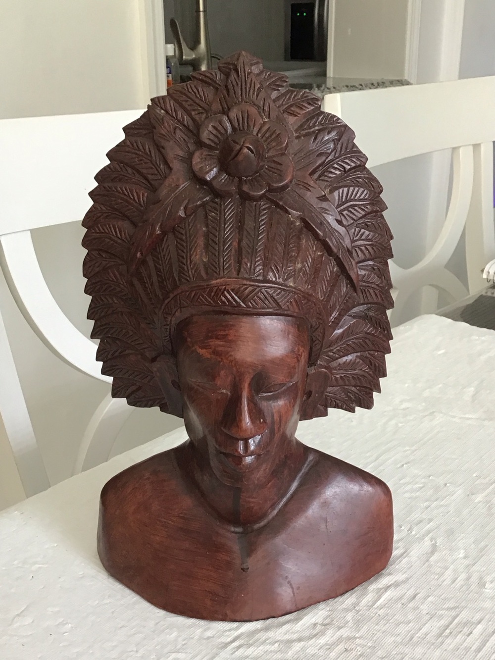 Hand-Carved Wooden Bust Sculpture in Rich Mahogany Brown